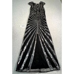 FUNDAISY Maxi Dress Womens Small‎ Black Silver Sequins Round Neck Formal Gown